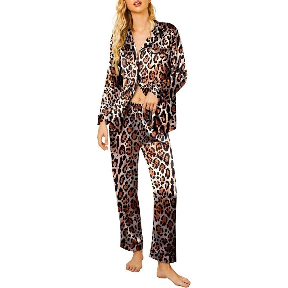 🆕Women's Light Brown Leopard Long Sleeve Sleepwear Soft Button Down Pajamas Set
